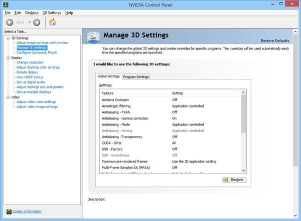 nvidia control panel manage 3d settings