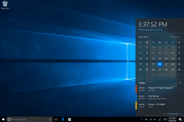 Taskbar clock now integrates with Calendar in Windows 10