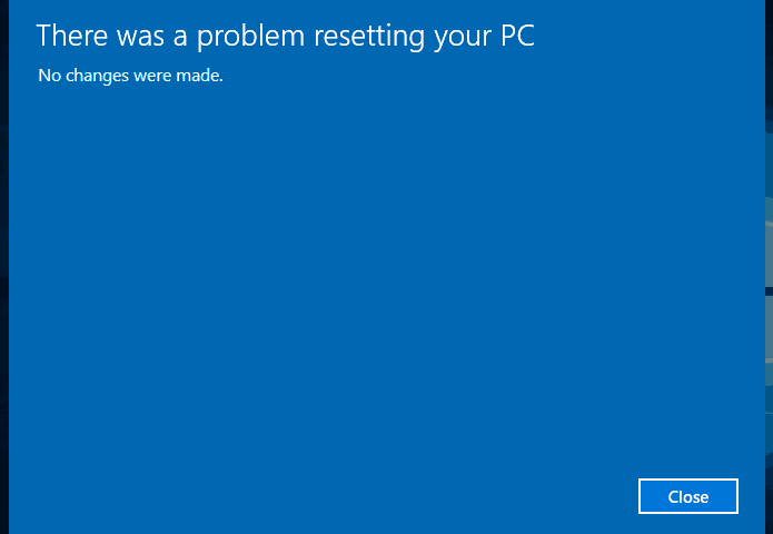 windows 10 wont reset pc