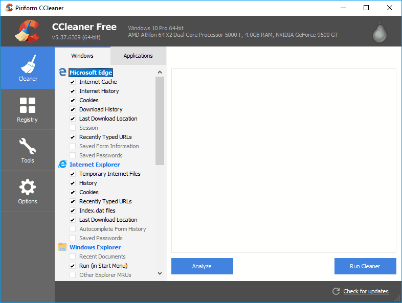 Piriform ccleaner free version run for windows xp