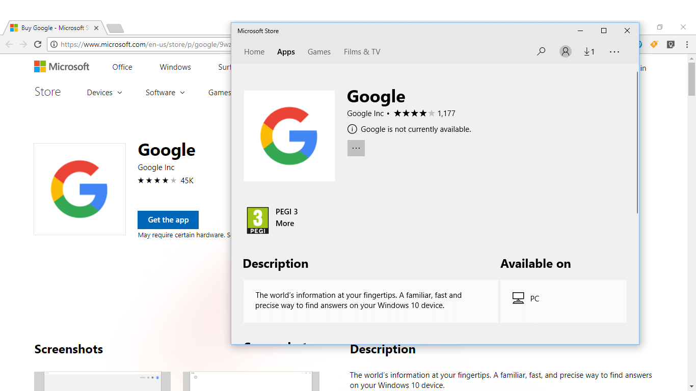 Google app is currently unavailable in Microsoft Store