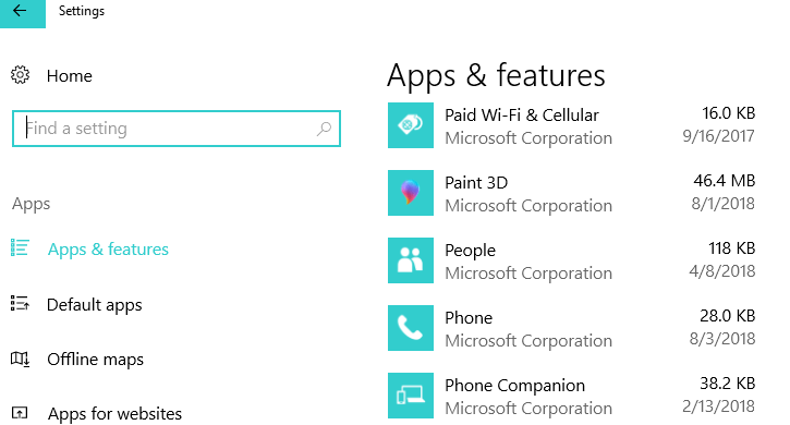 windows 10 app size information