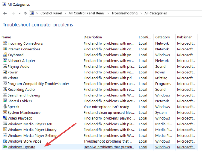 windows update troubleshooter control panel