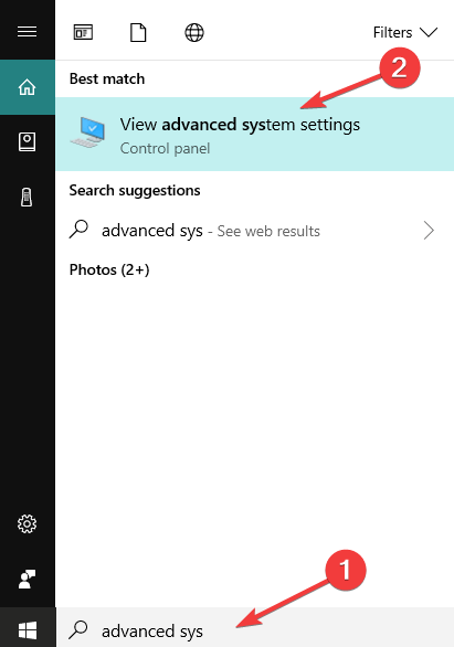 advanced system settings windows 10