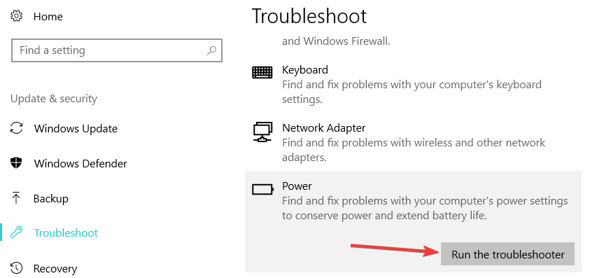 run power troubleshooter windows 10