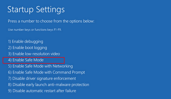 startup settings enable safe mode