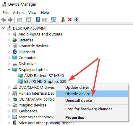 disable display adapter windows 10 device manager