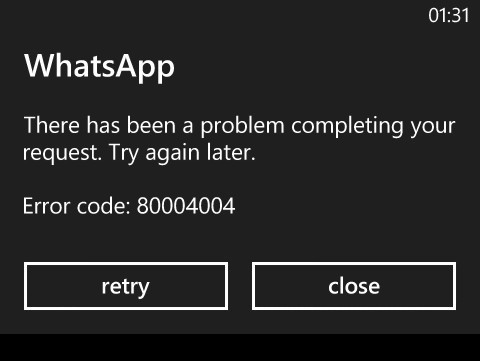 Error Code 80004004 windows phone