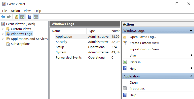 event logs windows 10