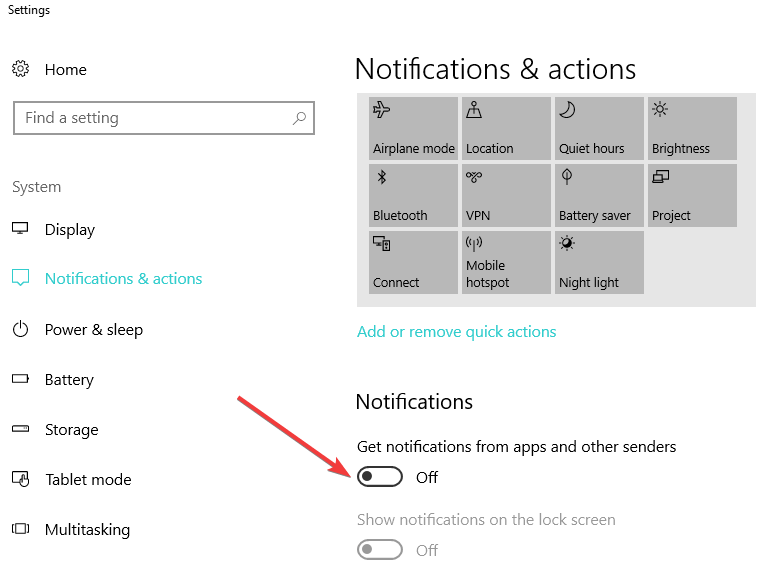 turn off notifications settings page windows 10