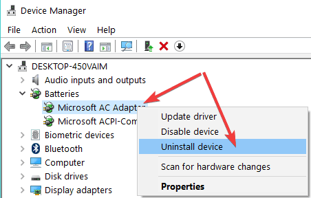 uninstall Microsoft AC adapter