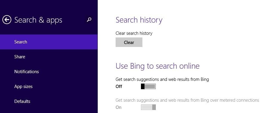disable bing search bar in Windows 8 and Windows 10