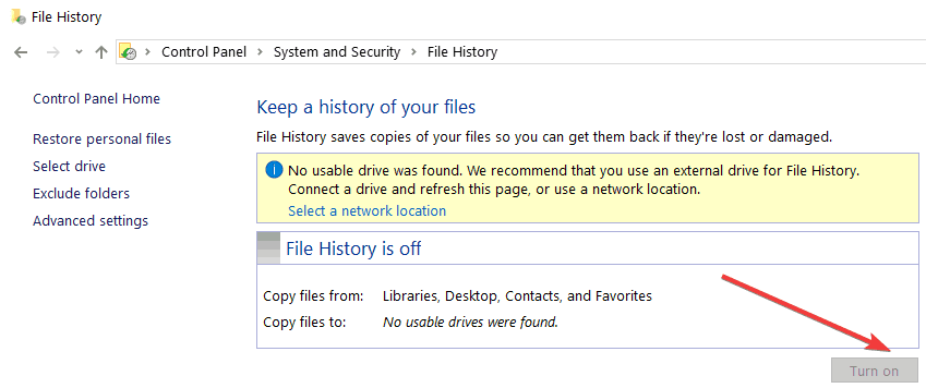 turn on file history windows 10