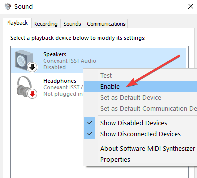 enable audio device windows 10