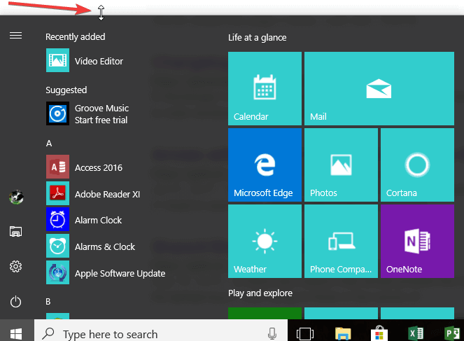 resize start menu windows 10