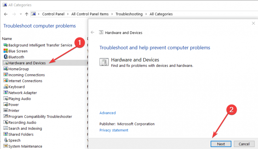 hardware and devices troubleshooter control panel