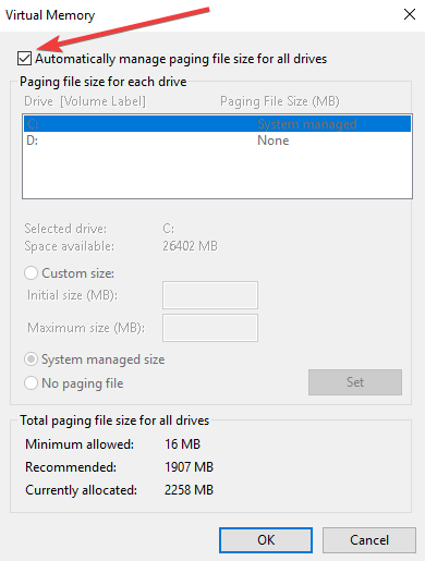 Gestisci automaticamente le dimensioni del file di paging su tutte le unità con il 100% di utilizzo del disco Windows 10