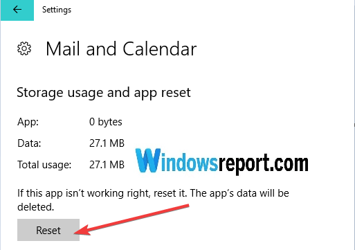 reset mail calendar app windows 10
