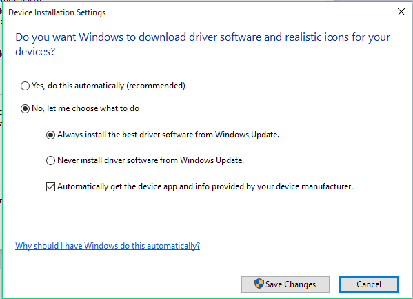 device installation settings windows 10