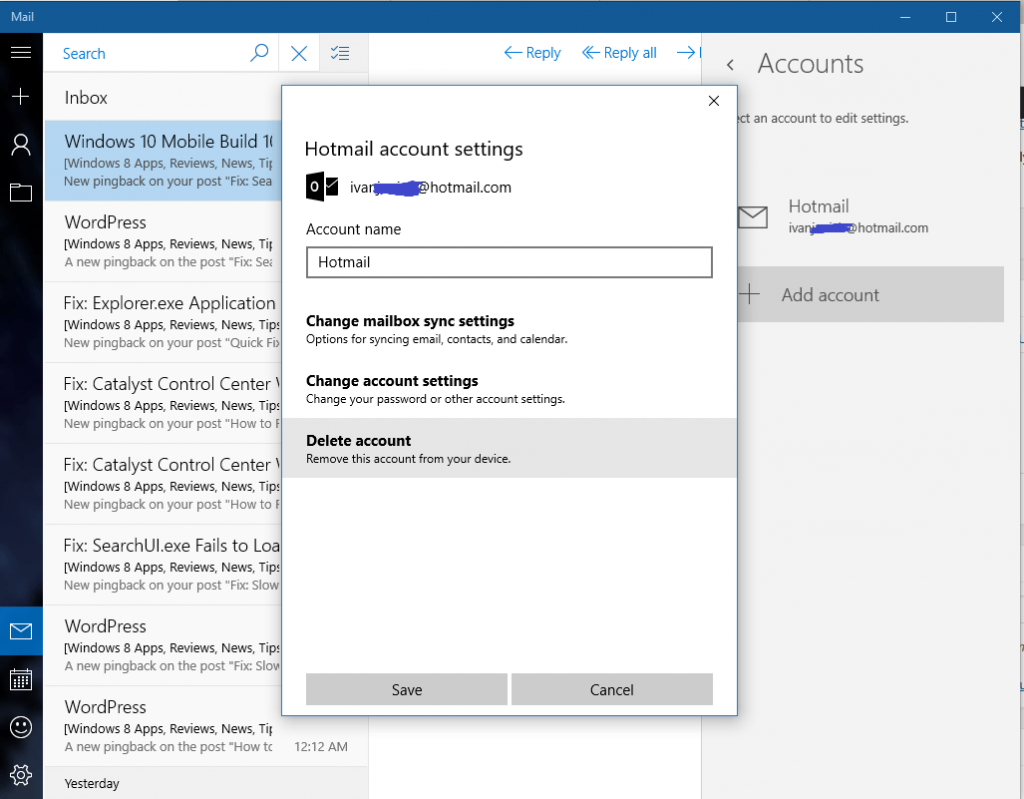 how to remove email and app accounts from windows 10
