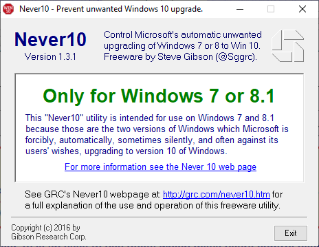 Prevent Installation of Windows 10 never10