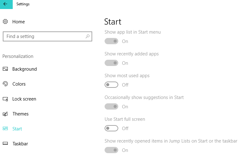 start menu settings windows 10