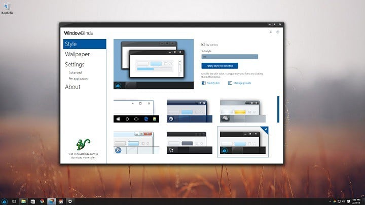 WindowBlinds for Windows 10 desktop lets you customize the taskbar, window frames and control 
