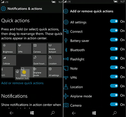 quick actions windows 10 mobile