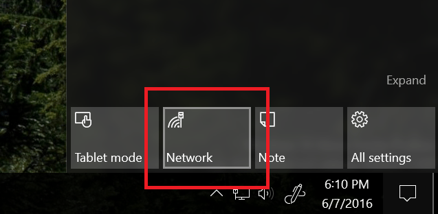 network quick action icon windows 10