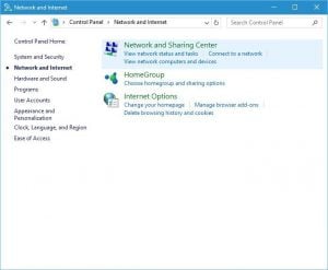 how to enable network and sharing center windows 10