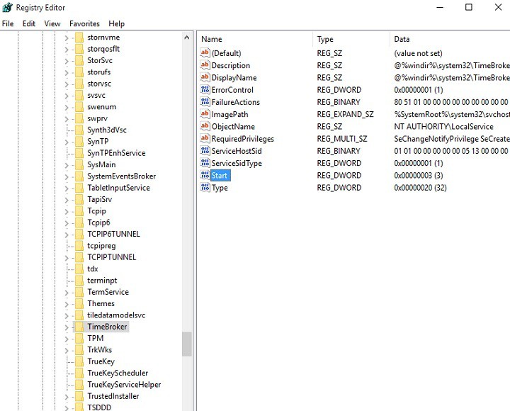 timebroker regedit windows 10