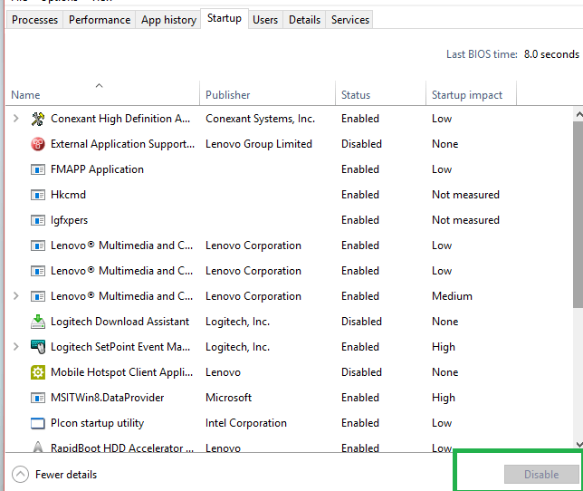 disable start up items windows 10