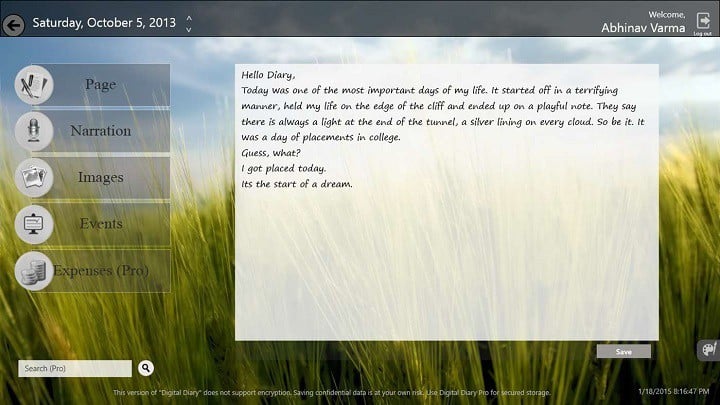 Digital Diary Windows 10 diary app