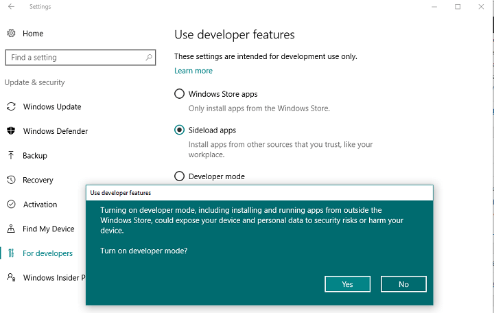 use developer mode windows 10