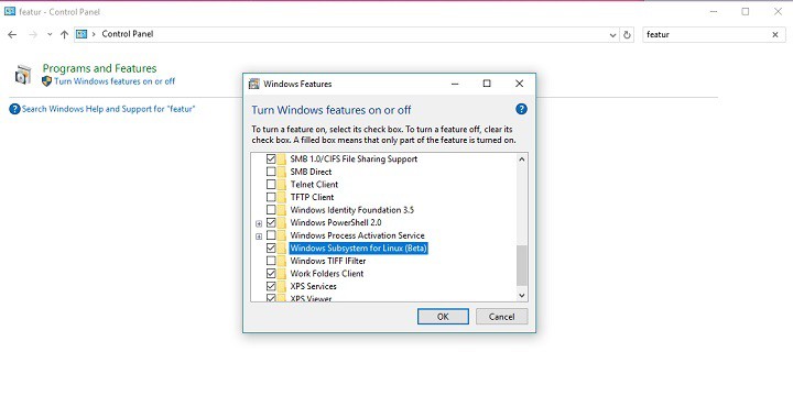select to install bash on windows 10