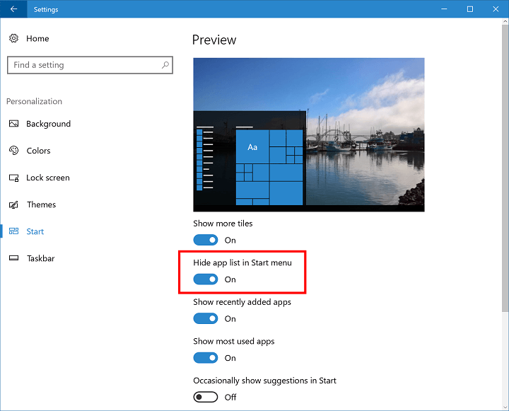 hide app list Windows 10 start menu
