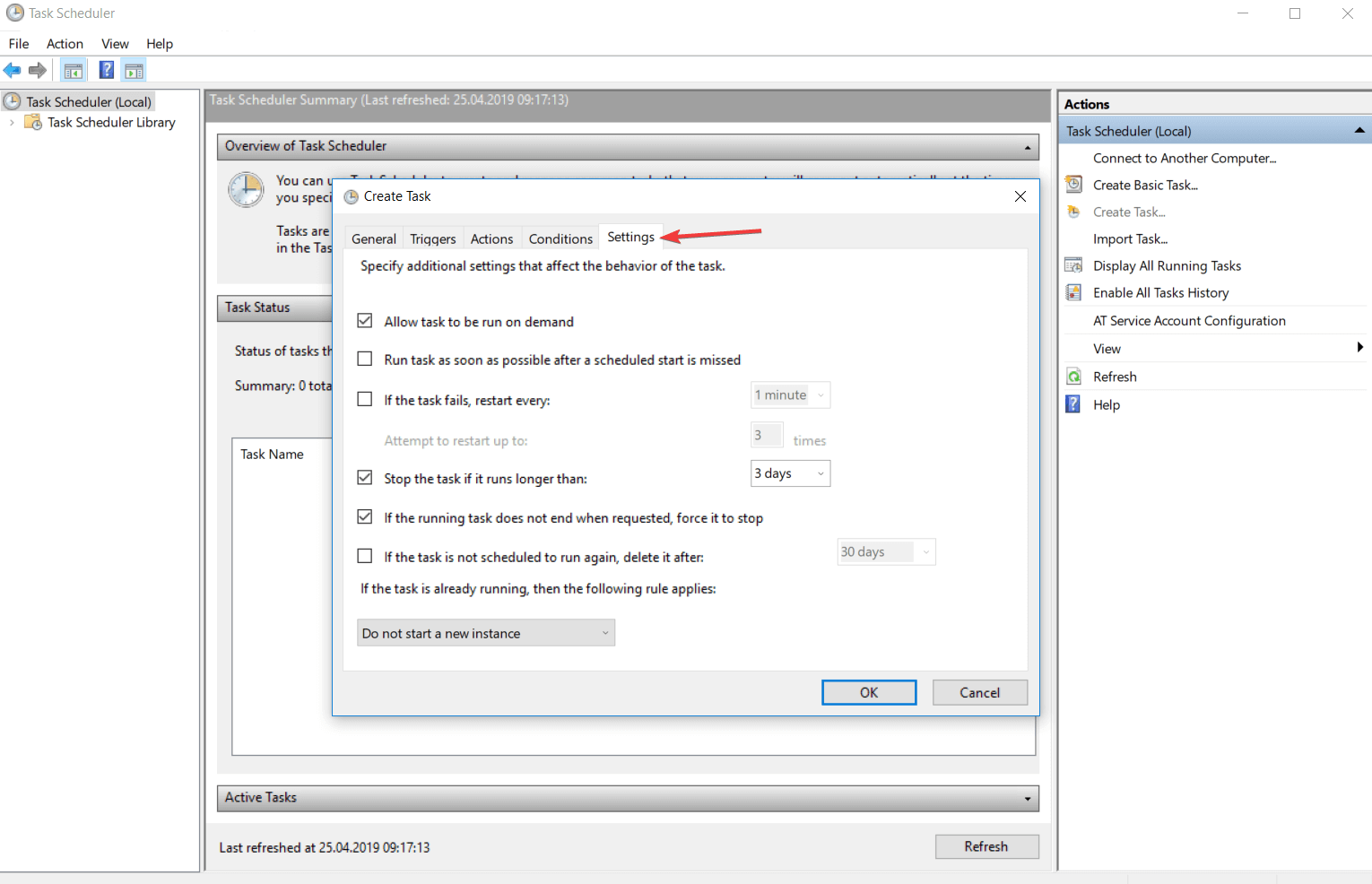 task scheduler settings windows 10