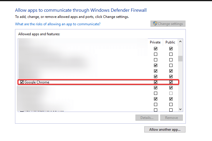 allow Chrome to communicate trough firewall Err connection refused 
