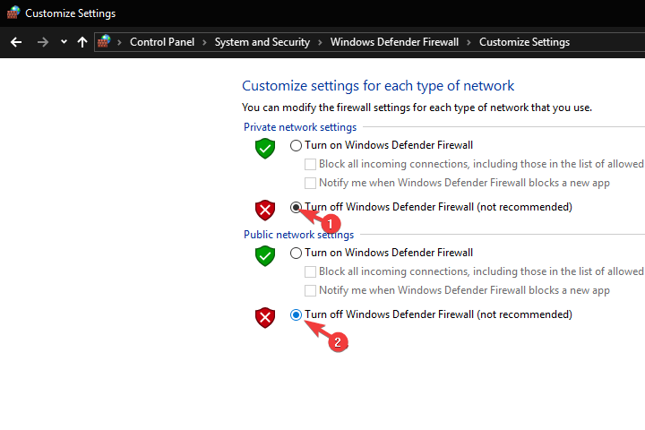 disable windows defender firewall Err connection refused browsing error