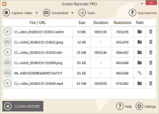 Where are my screenshots saved? Project history in Icecream Screen Recorder