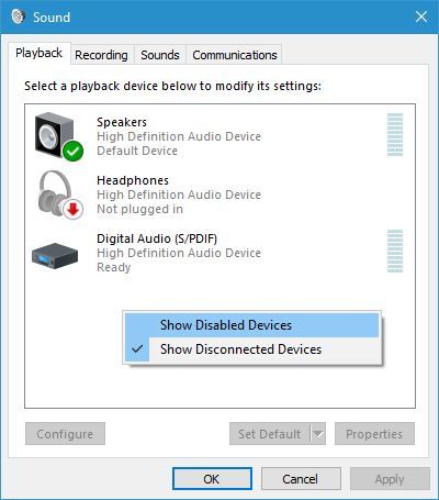 show disabled devices sound window Audio device is disabled on Windows 10 
