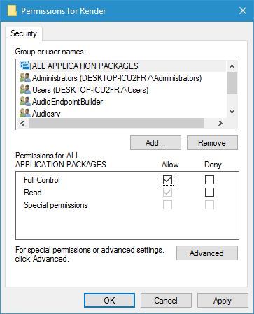 permissions for render Audio device is disabled on Windows 10 