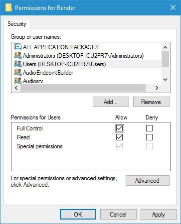 permissions for render full control Audio device is disabled on Windows 10 