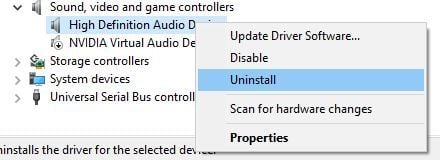 device manager uninstall device Audio device is disabled on Windows 10 