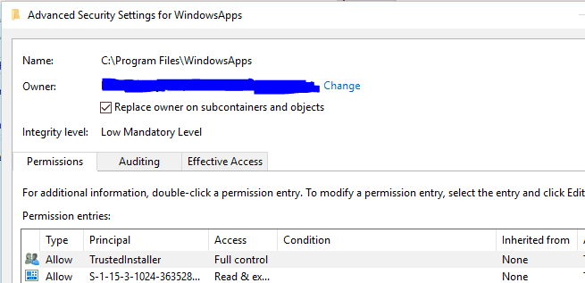 windowsapps folder advanced security settings