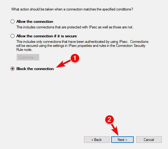 block the connection for outbound rule windows defender