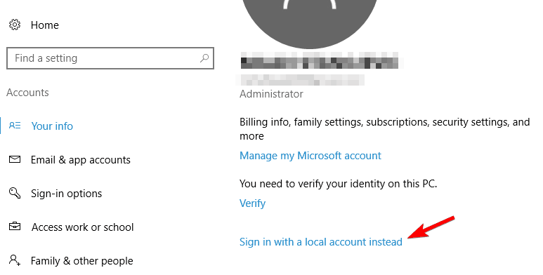 sign in with a local account instead Outlook account settings 