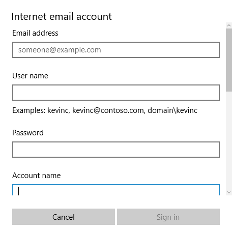 internet email account settings