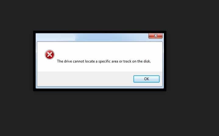 drive cannot locate a specific area or track on the disk