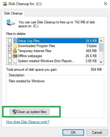 Disk Cleanup for cleaning system files